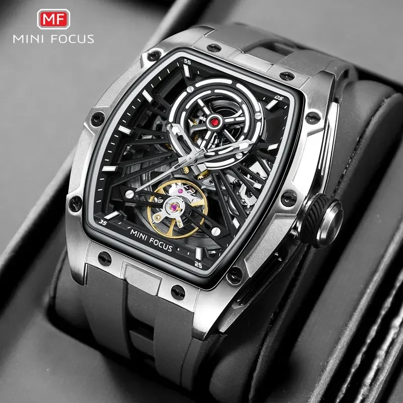 MINI FOCUS Men's Black Waterproof Automatic Mechanical Watch Luminous Hands Silicone Strap Tonneau Dial Fashion Timepiece