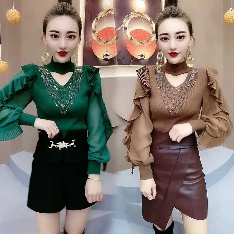 Spring Autumn High Collar Diamonds Ruffles Shirt Lady Long Sleeve Elegant Fashion All-match Pullover Top Women Hollow Out Blouse