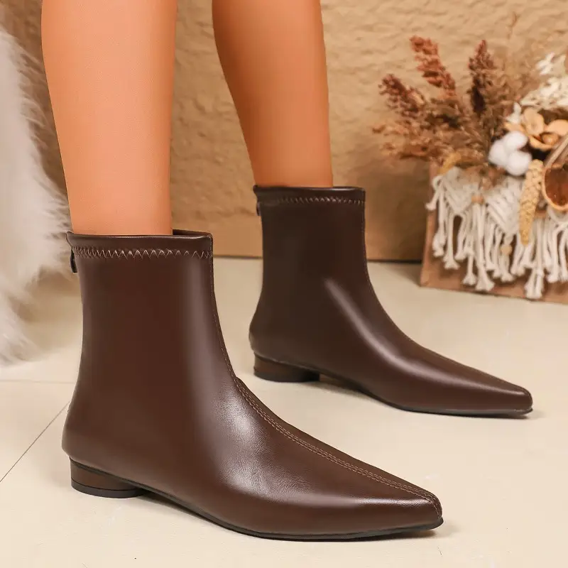 2025 New Women's Short Boots Fashion Pointed Toe Ankle Boots Women Zippers Flat Shoes High Quality Leather Ladies Chelsea Boots - Image 8