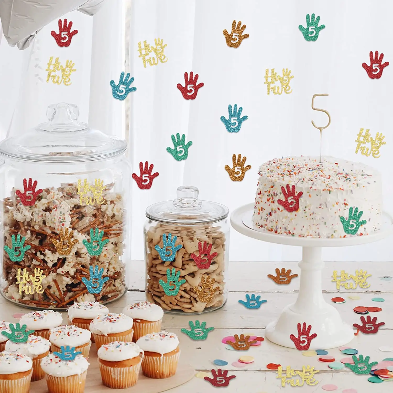 Hi Five Birthday Party Decorations for 5th Boy Glitter Confetti Table Scatter Hand Sticker per bomboniere per feste di compleanno di 5 anni