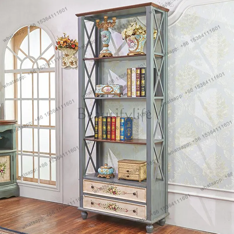 American solid wood bookshelf retro old painted storage display shelf floor-to-ceiling integration