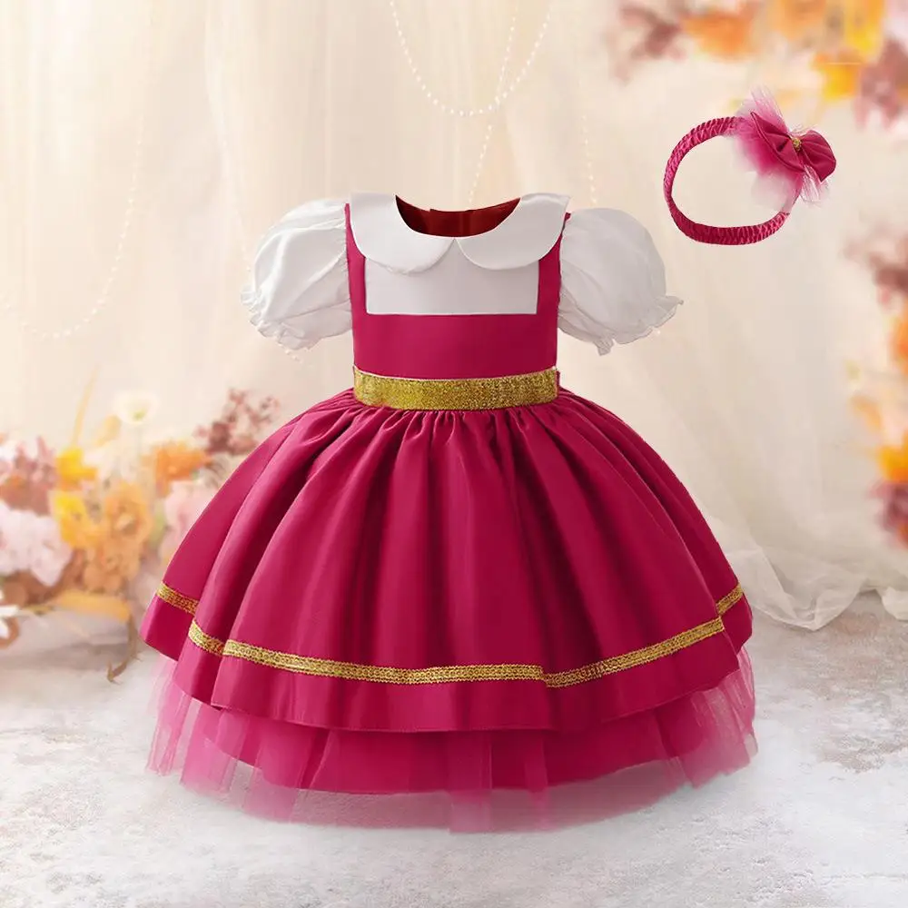 2024 Bubble Sleeves Girls Dress Turn Down Collar Children Princess Dresses Sweet Cute Baby Girl Role Playing Performance Costume