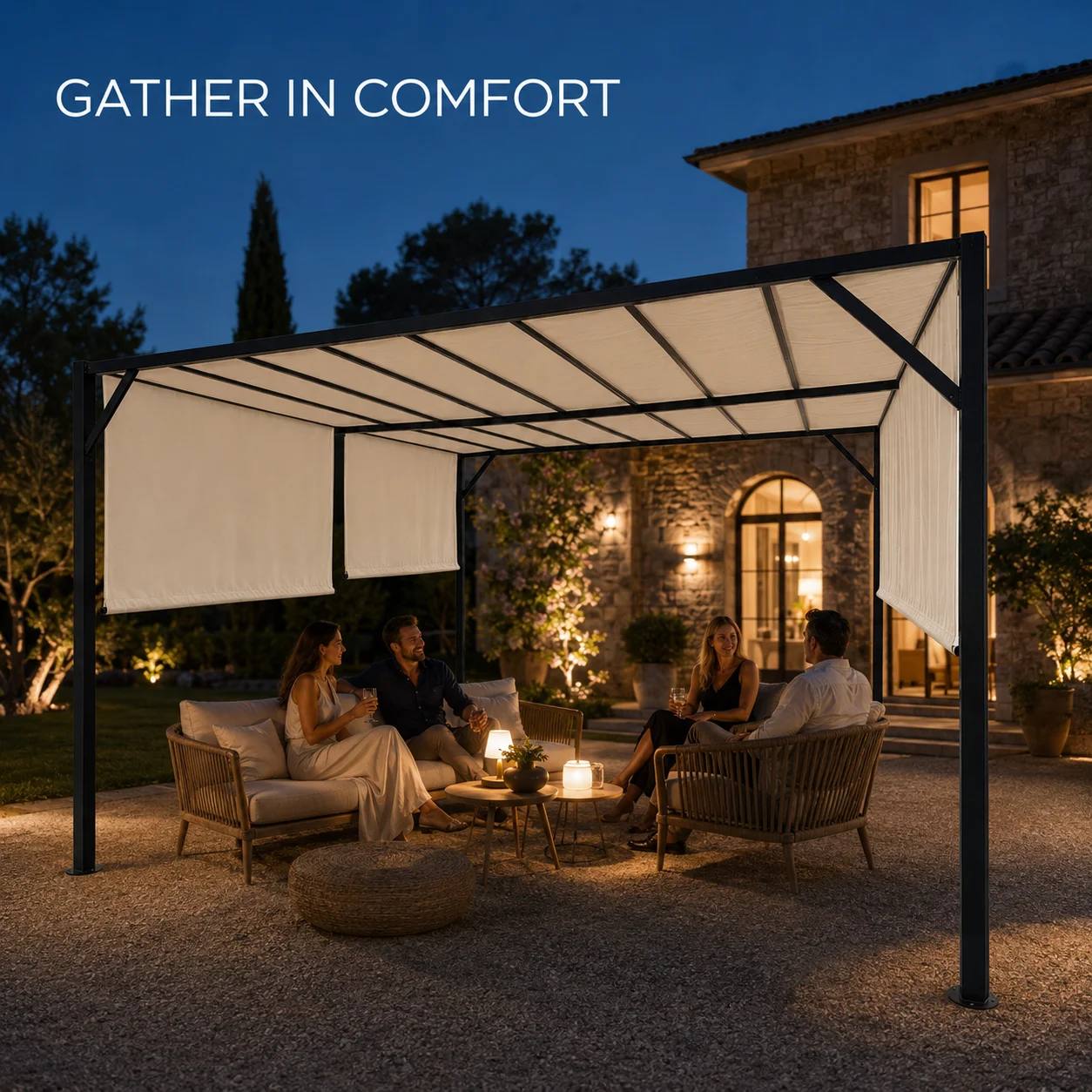 #Heavy Duty 3x4m Retractable Pergola 60x60mm Iron Pole Waterproof Sliding Canopy for Villa Patio Resort Hospitality Project