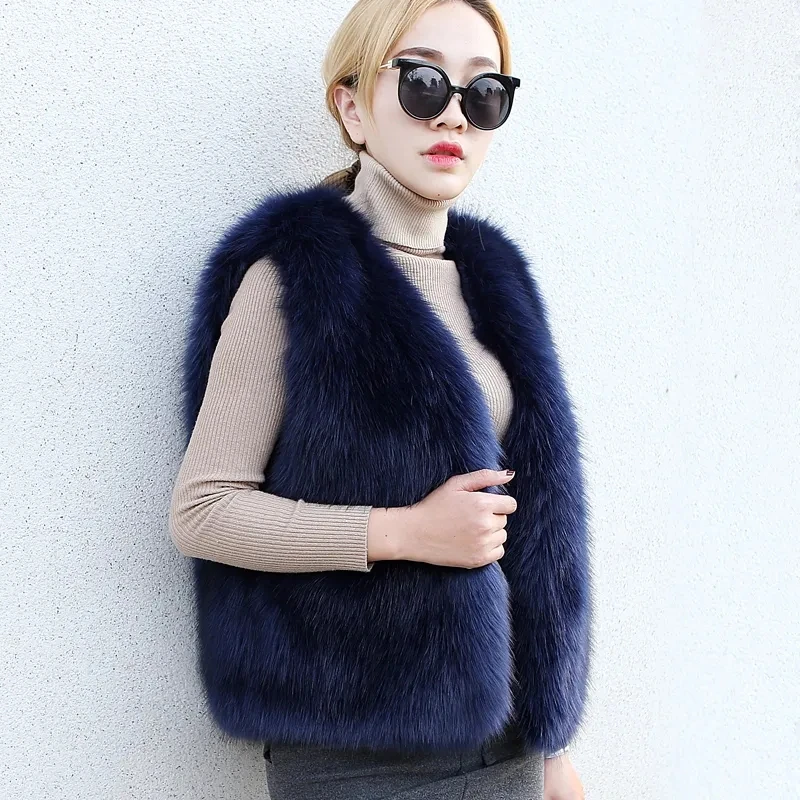 Faux Fox Fur Vest Women Winter Warm Short Waistcoat Korea Fashion Outwear Furry Luxury Coat Ladies Body Warmmer