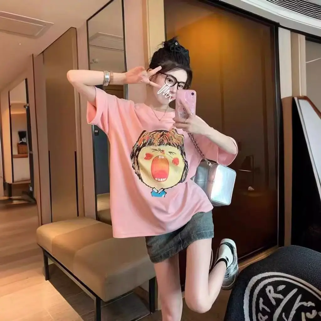 

Women's Trendy Sweet Western Style Short-Sleeved T-Shirt 100% Pure Cotton Thin Mid-Length Meat-Covering Lazy Style Top