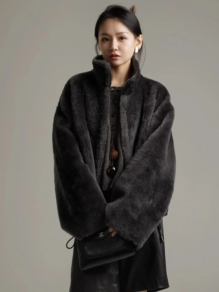High-end Luxury Merino Sheep Fur Plush Jackets for Women Simple Stand Collar Casual Short Winter Genuine Leather Real Fur Coat