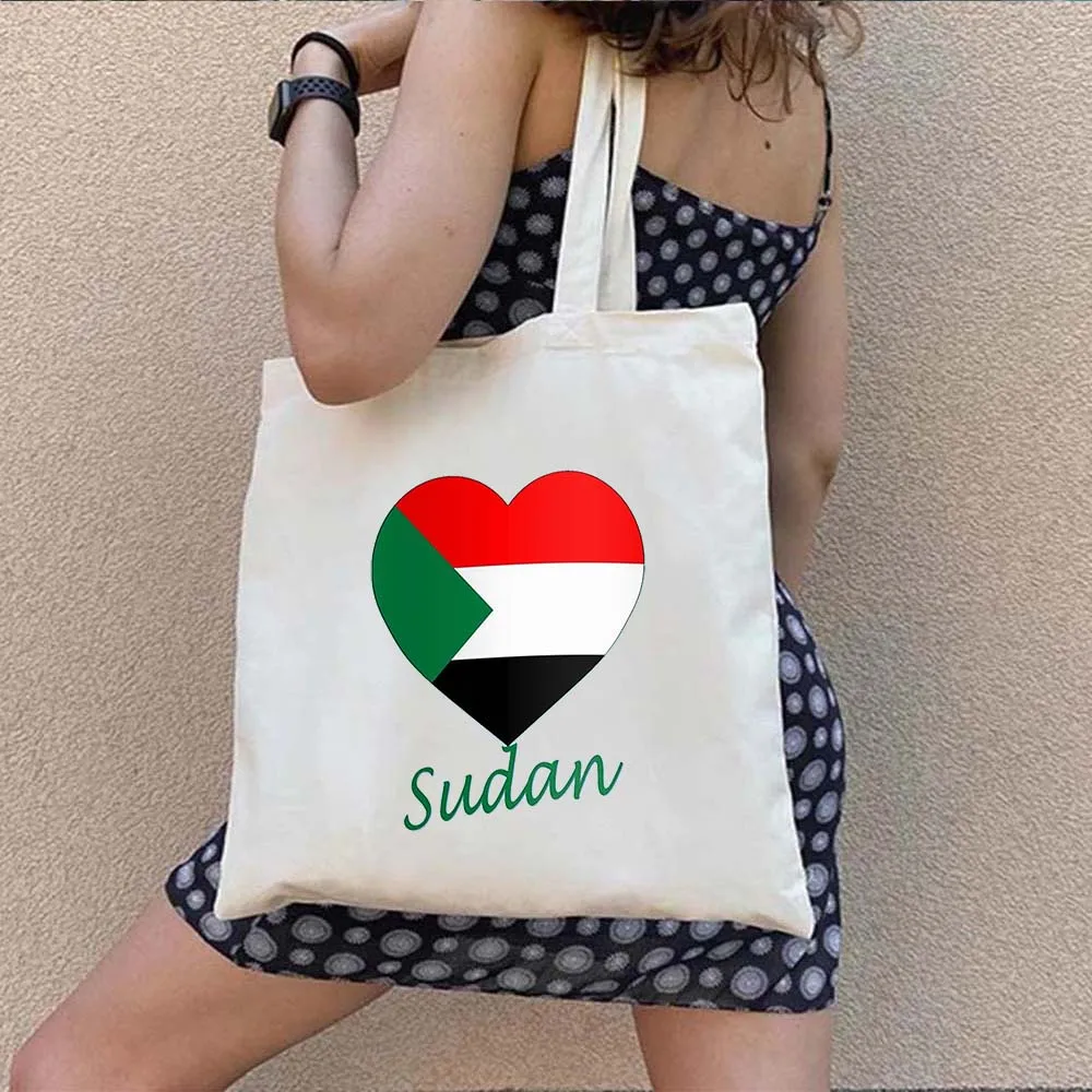 Love Sudan Map Heart Sudanese National Flag COUNTRY Arabic Men Women Shopping Shoulder Canvas Tote Bag Harajuku Shopper Handbags