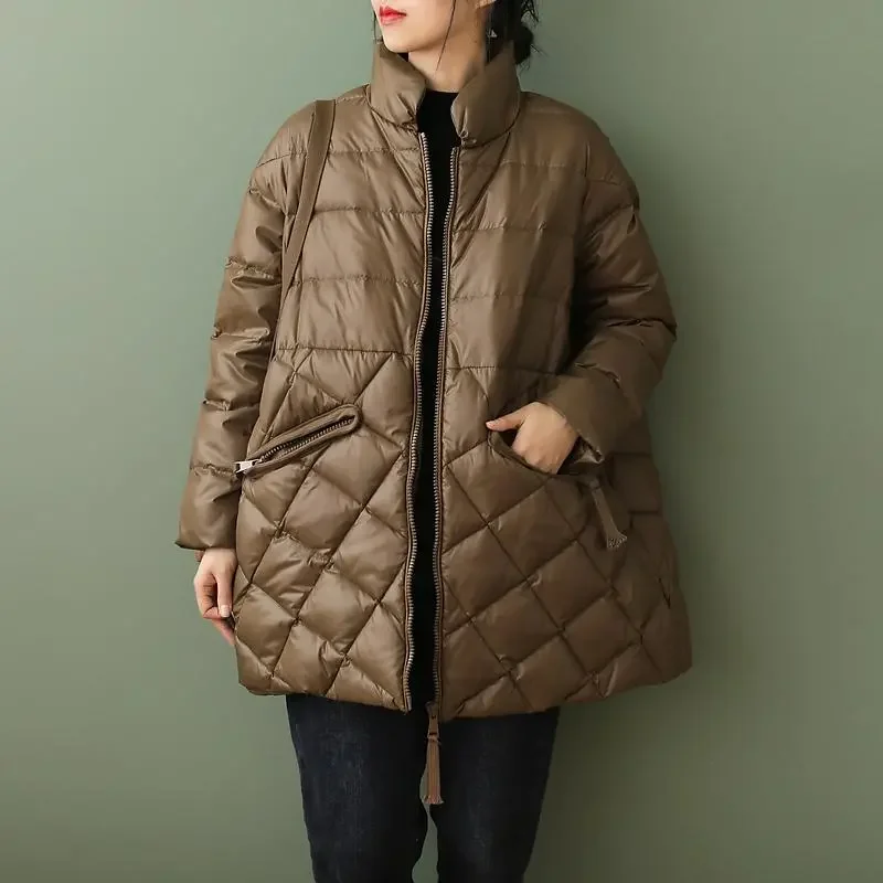 Outono inverno feminino casaco de algodão padrão diamante bloco cor engrossado forro de lã simples confortável casual magro