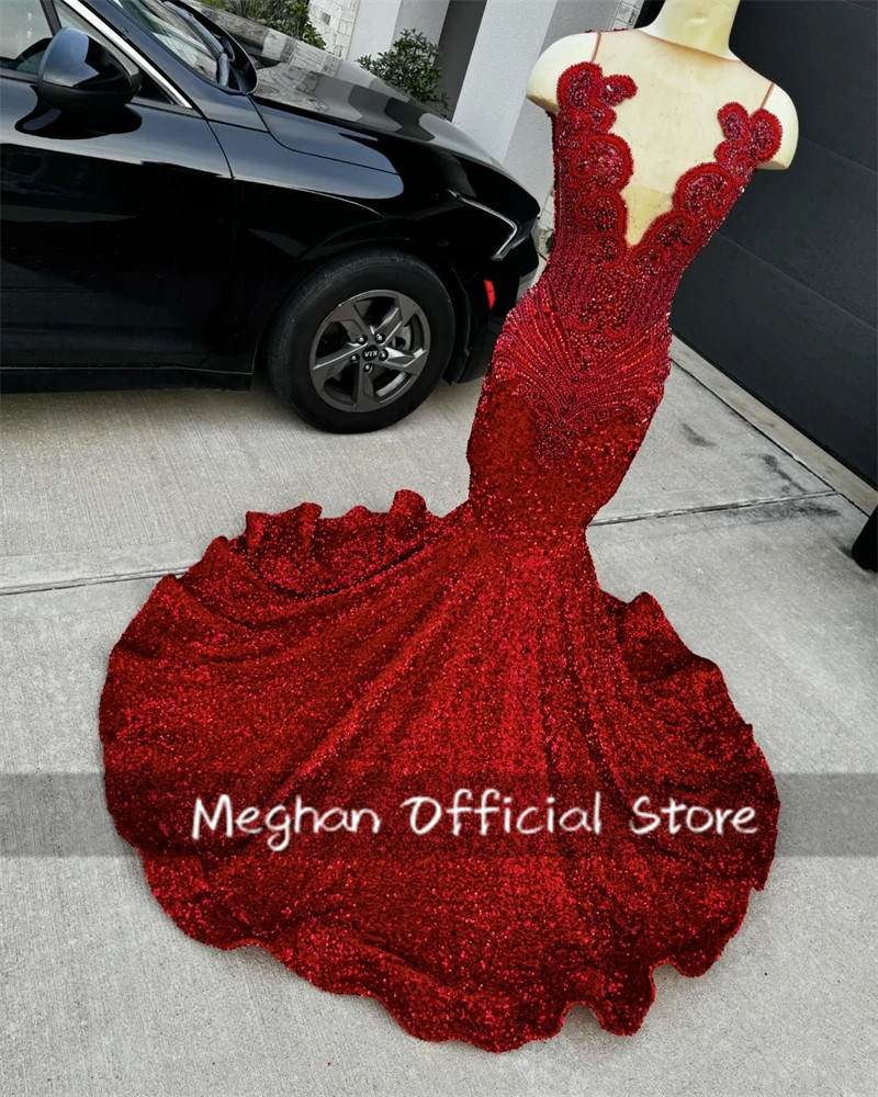 

Red O Neck Long Prom Dress For Black Girls Bead Crystal 2025 Birthday Luxury Dress Sequin Evening Dresses Back Out Customized
