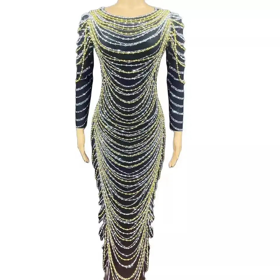 

DJ Singer Dance Birthday Stage Wear Luxury Shining Silver Gold Tassel Chain Women Floor-Length Dress Tight Stretch Split Outfit