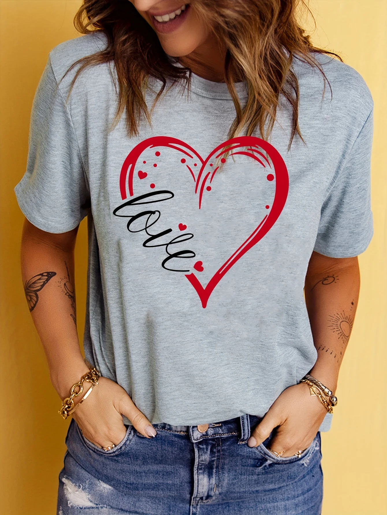 Womens Love Print Casual T-Shirt - Short Sleeve Crew Neck Spring & Summer Style - Lightweight Breathable Fashion Wardrobe Staple