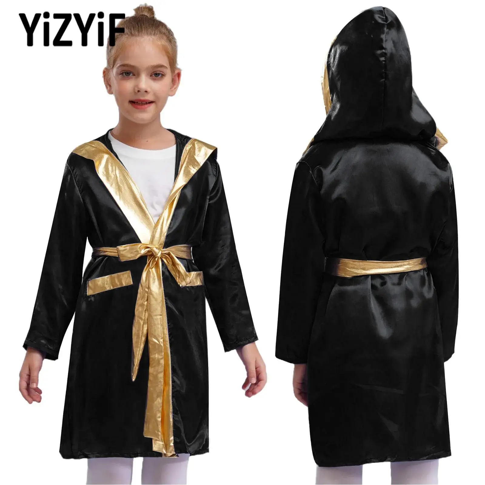 Children Boys Boxing Robe Boxer Costumes Exercise Sets Long Sleeve Metallic Trim Satin Hooded Cloak+Belt for Halloween Cosplay