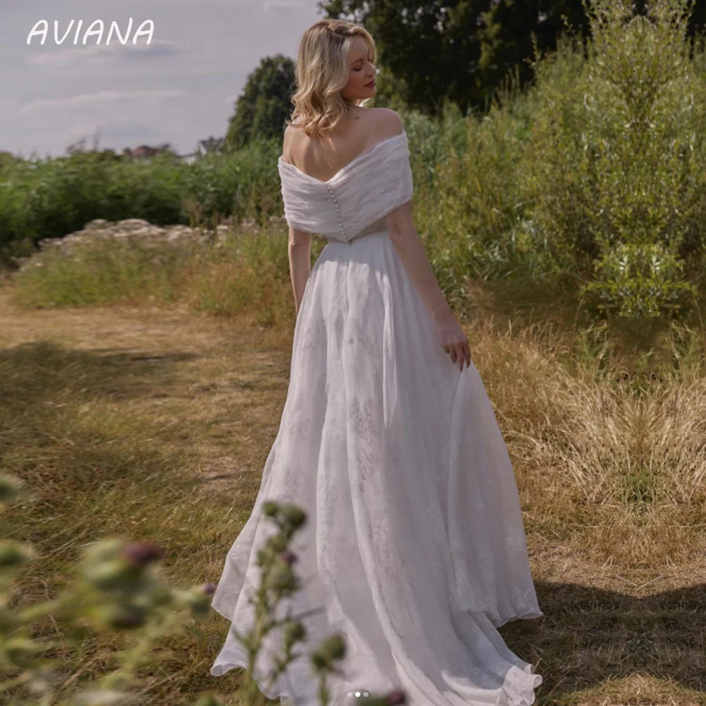 Aviana-vestidos de novia con hombros descubiertos y cuello barco para mujer, traje de novia de gasa con encaje y Espalda descubierta, corte en A con botón, 2023