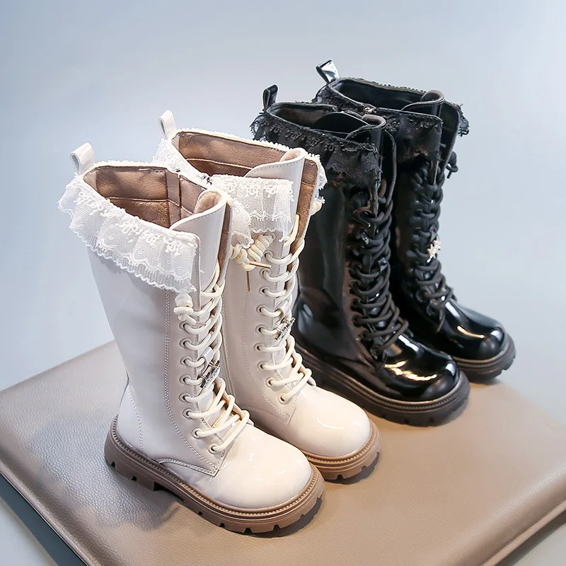 

Girls Moccasins Round Toes Capped Soft Bottom Kids Leather Boots Versatile 2025 Autumn Winter Children High Boots Non-slip Sweet