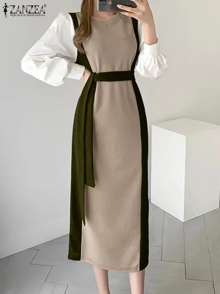 

Women's Midi Dress ZANZEA Elegant Long Sleeve Spliced Color Block Dresses Vintage O-Neck Belt Robe Comfortable Daily Wear Dress