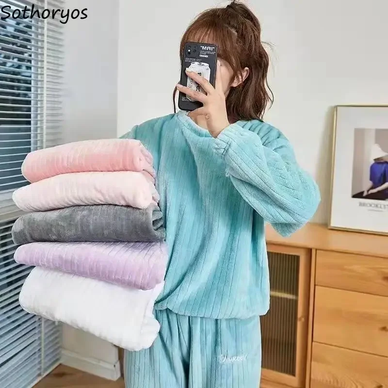 

Pajama Sets Women Winter Flannel Keep Warm Plus Velvet Thicker Homewear Solid Long Sleeve Tops Pants Embroidery Sleepwear Soft