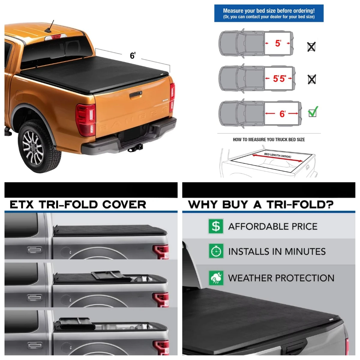 

Krono Wild High Quality Soft Tri-Fold Tonneau Cover For Ranger F150 Waterproof And Locking Function