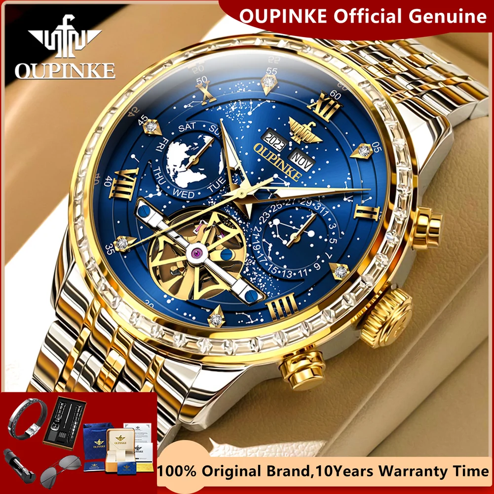 OUPINKE Original Skeleton Flywheel Fully Automatic Watch for Men Luxury Top Brand Diamond Lap Starry Men\'s Mechanical Wristwatch