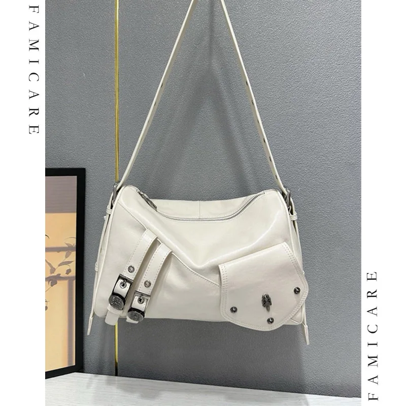 Fashion Genuine Leather Biker Bags Lady Large Capacity Crossbody Bag with Metal Buckle Multifunctional Shoulder Bags for Women