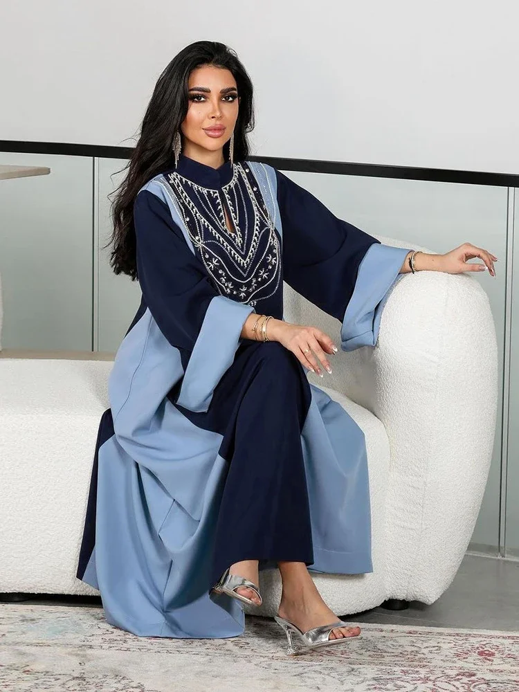 

Eid Muslim Dress Women Abaya Diamond Long Sleeve Vestidos Largos Stand Collar Arab Jalabiya Party Dresses Kaftan Long Robe 2024