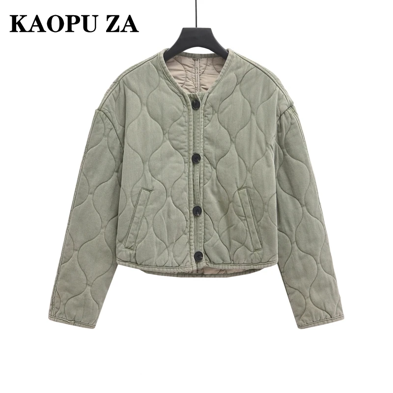 KAOPU ZA 2024 Herbst/Winter Frau Casual Taschen einreiher Einfarbig Jacke Weibliche Vintage Langarm V-kragen Top Mantel