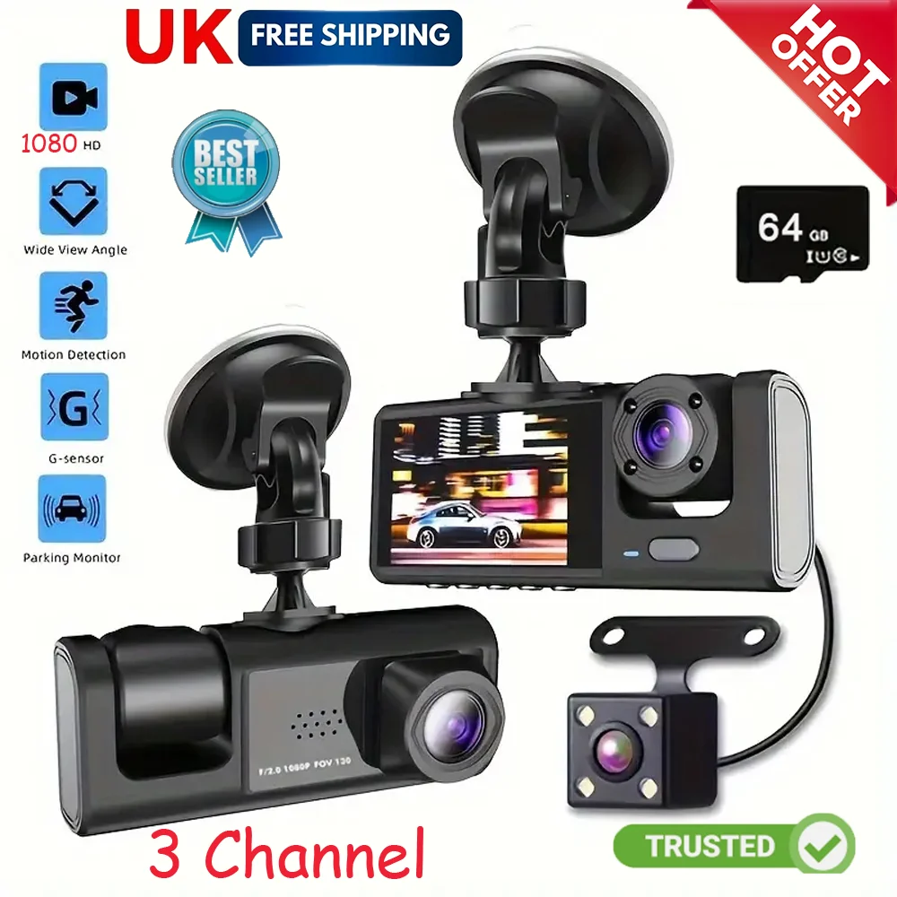 3 Camera Car DVR No WIFI 1080P 3 Channel Lens Inside Vehicle Dash Cam Three Way 1080P Recorder Video Registrator Dashcam Camcorder