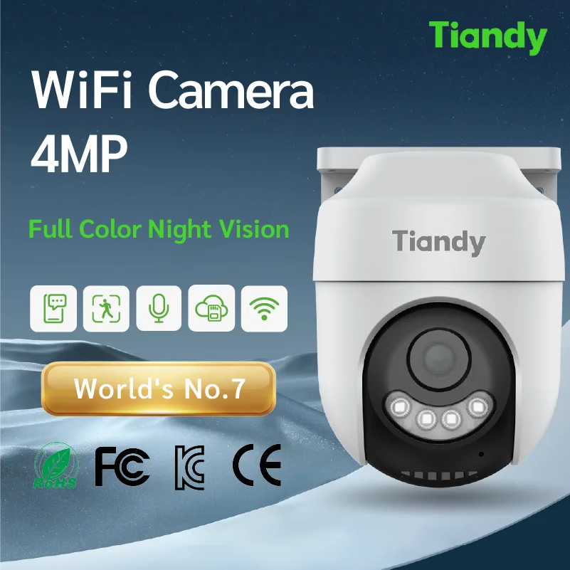 Tiandy 4MP Outdoor Wireless Camera Full Color Night Vision Human Detection Two-way Talk Cloud Storage IP66 Security Monitor