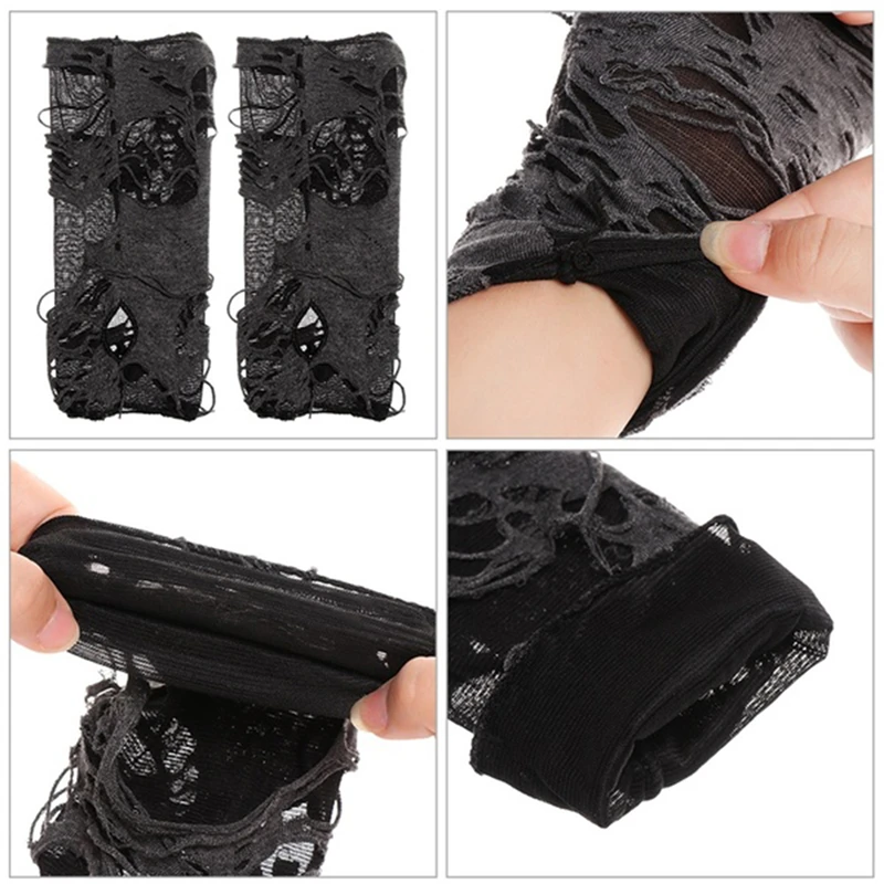 Luvas de fenda quebradas casuais para adultos, luvas góticas sensuais sem dedos, buracos pretos rasgados, decoração do Dia das Bruxas, luvas de cosplay