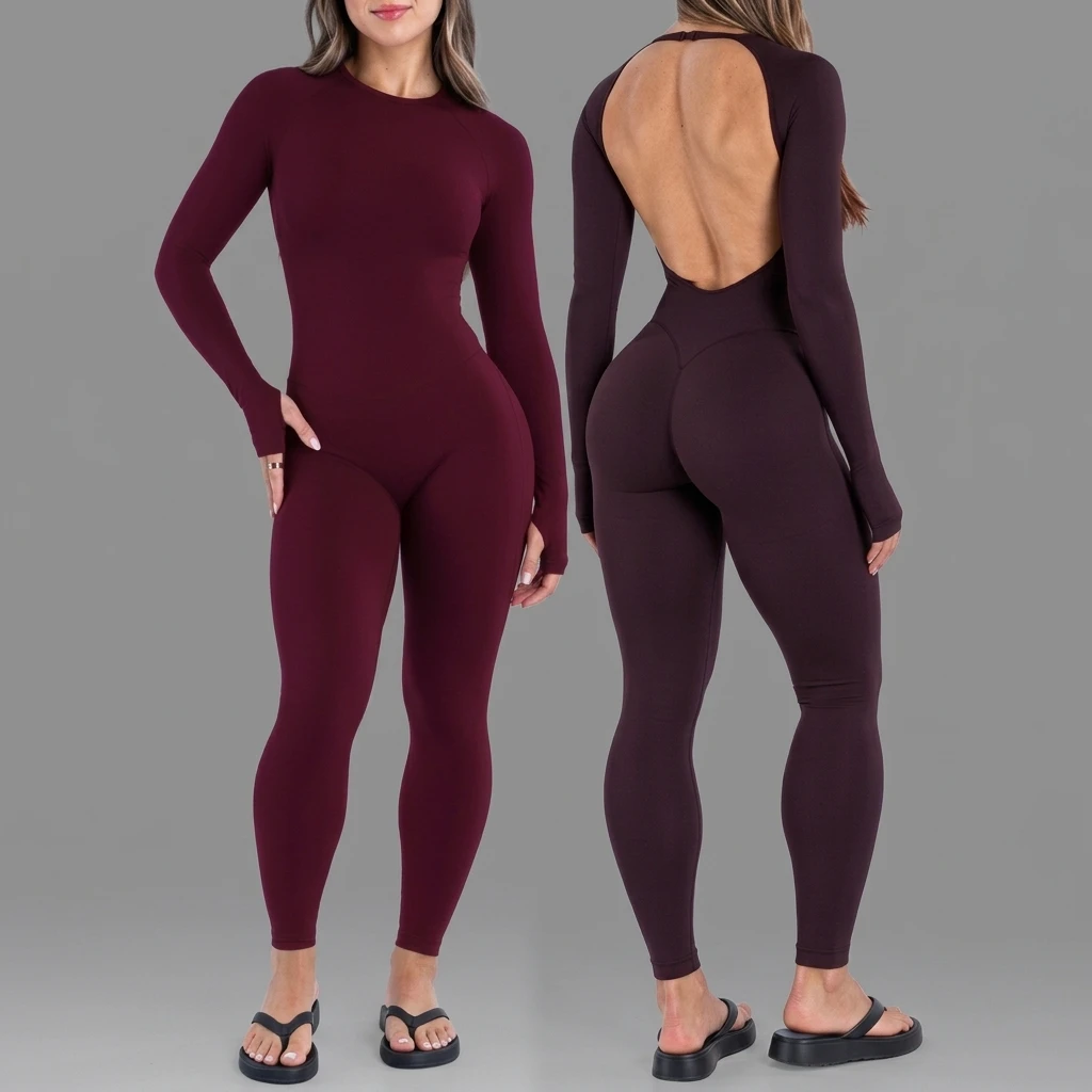 Sports Overall Bodysuit Women Seamless Jumpsuit Gym One-piece Suit Workout Outfits Backless Yoga Tights Long Sleeve Activewear