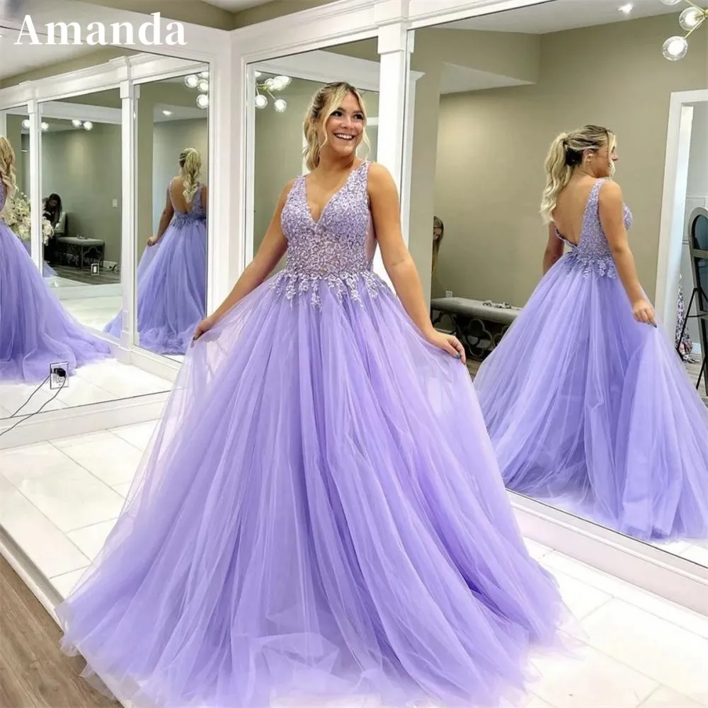 

Amanda Lavender vestidos de noche V-neck Tulle Prom Dresses Elegant Sleeveless Floor-Length Lace Embroidery Formal Evening 2024