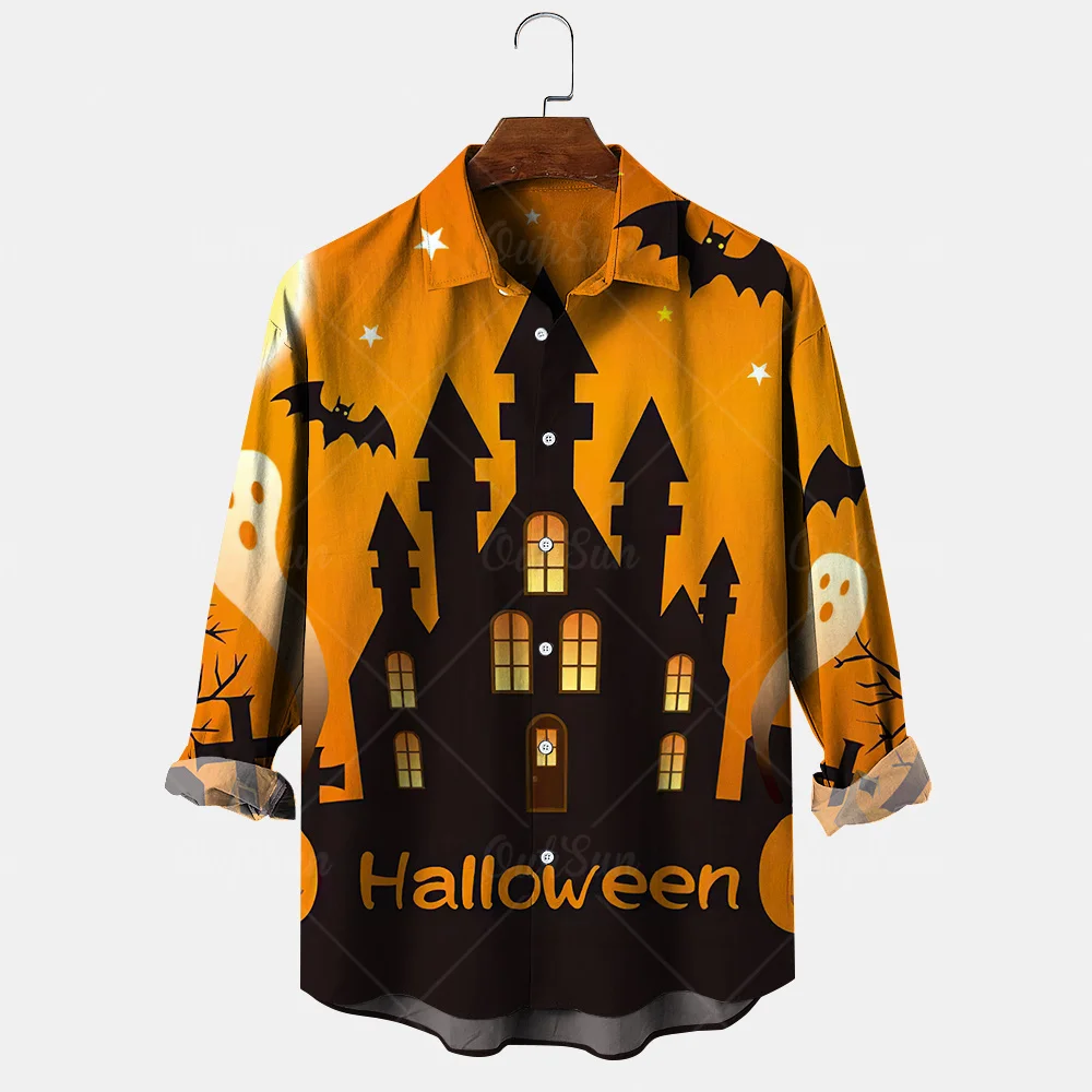 Halloween-Shirts für Männer Jack-O-Laterne Print Mode Revers Langarm hemden übergroße Unisex-Outfit männliche Blusen Kleidung