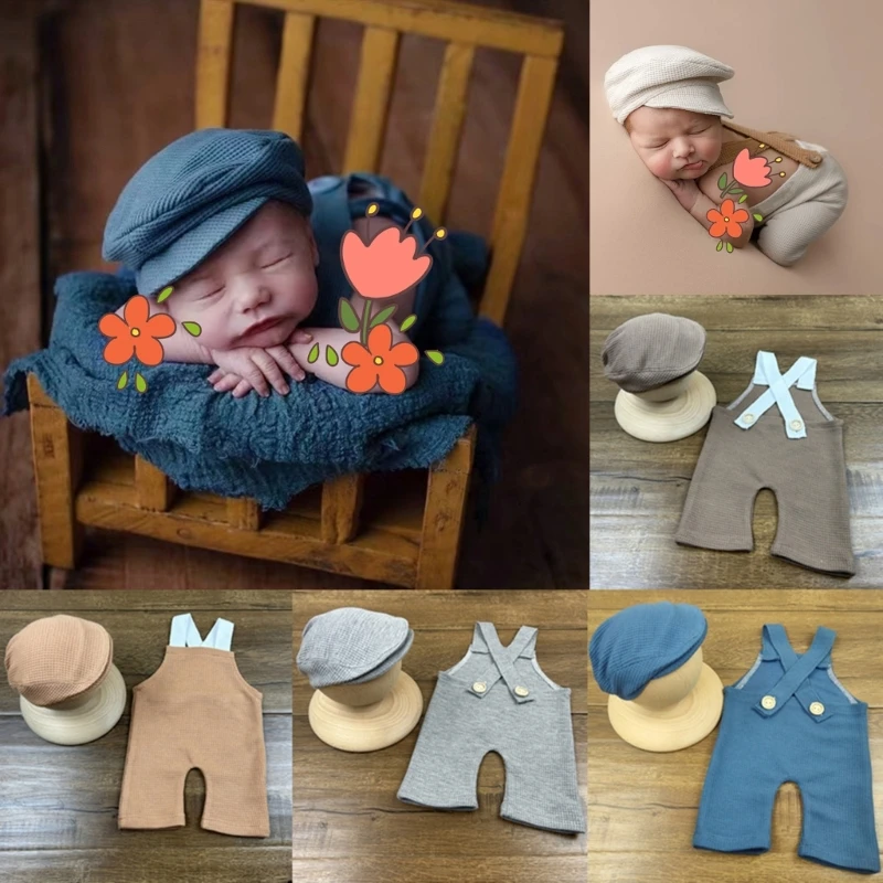 

Newborn Baby Photography Outfits Trendy Overalls and Gentleman Hat Strapped Long Pants with Caps for Special Occasion A2UB