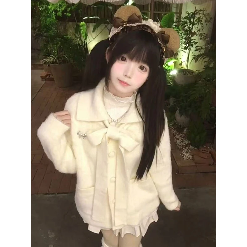 

MEXZT Kawaii вязаный кардиган с бантом, женский милый японский свитер на шнуровке, верхняя одежда, корейский трикотаж с длинными рукавами, зимние джемперы, новинка