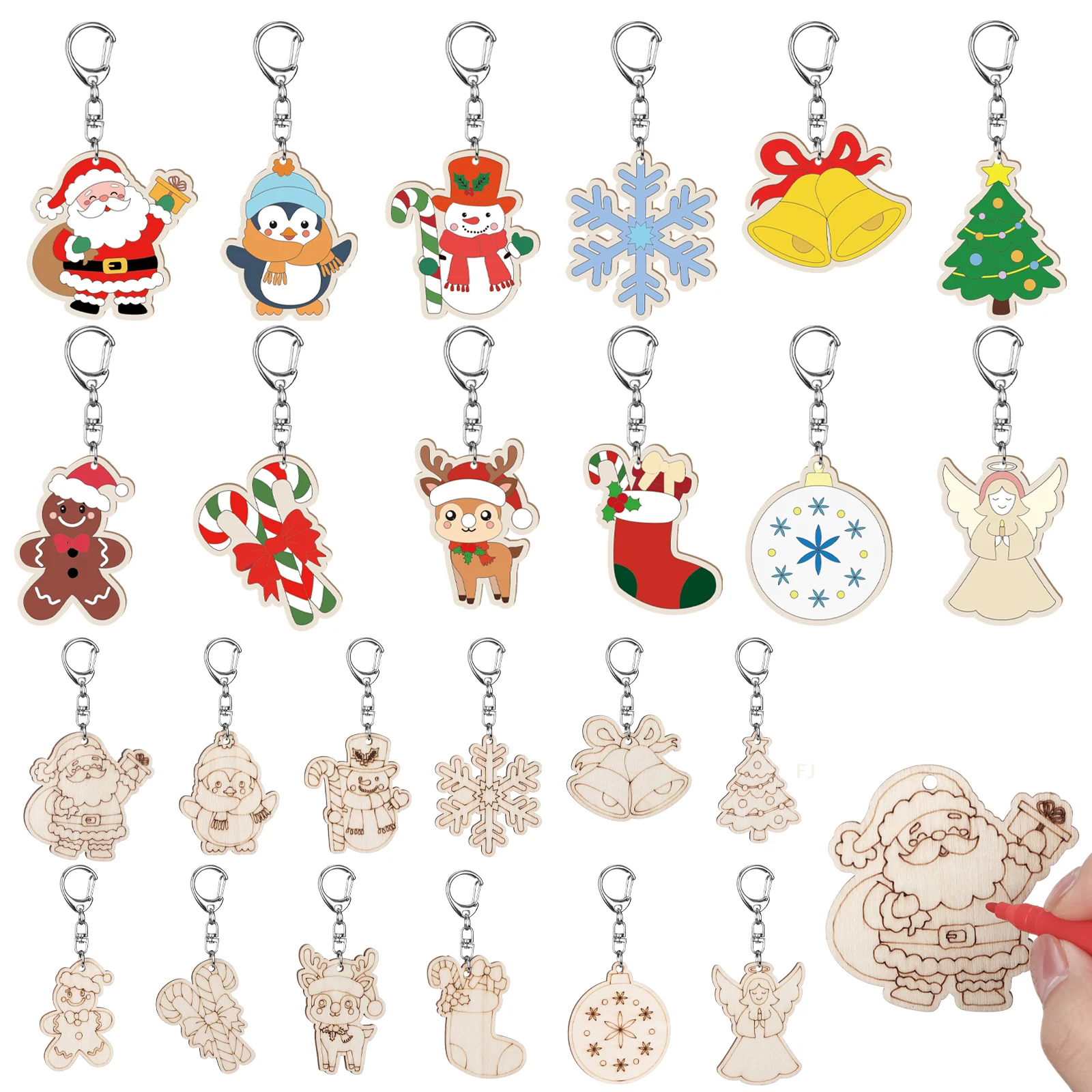 [YU]Christmas Unfinished Slices Crafts Color Your Own Christmas Keychains DIY Wooden Blank Keychains Xmas Unfinished Wood Sl