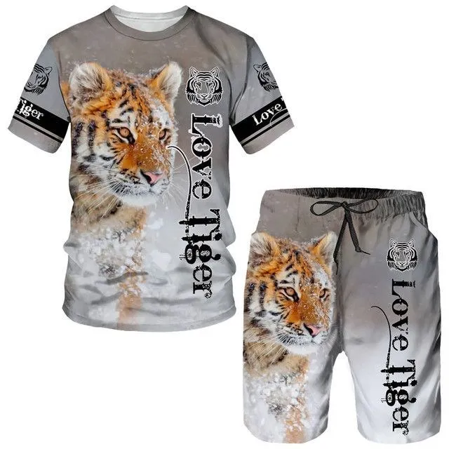 2024 Verão New Men\'s Animal Tiger Sports Set 3D Impresso Animal Tiger Padrão dos homens de manga curta T-shirt Set Men Two-Piece Set