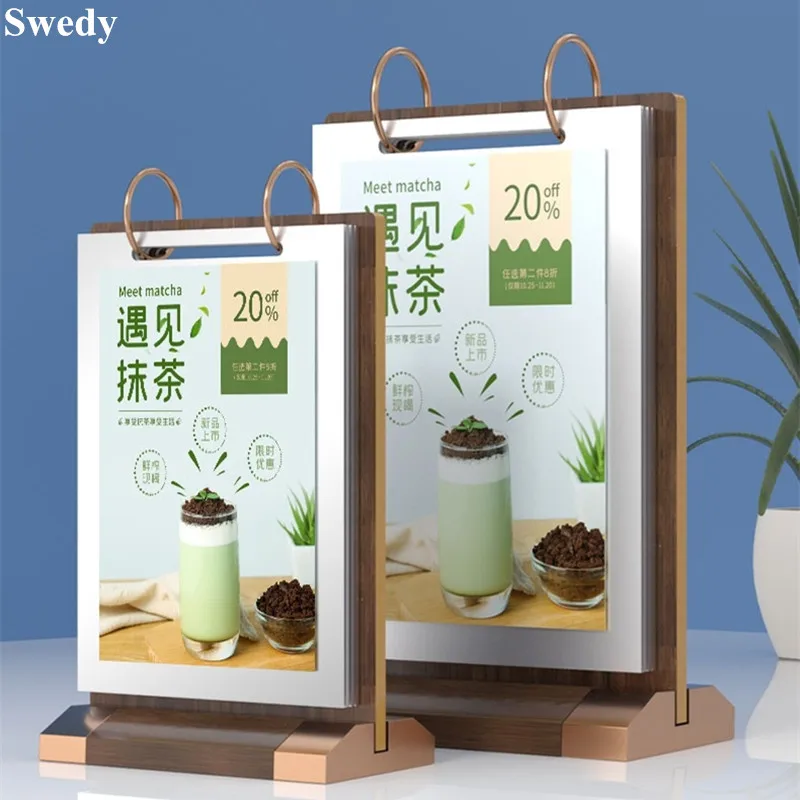 

A6 T Shape Page Turning With 6 PVC Frame Wood Acrylic Sign Holder Stand Restaurant Menu Paper Card Holder Display Stand