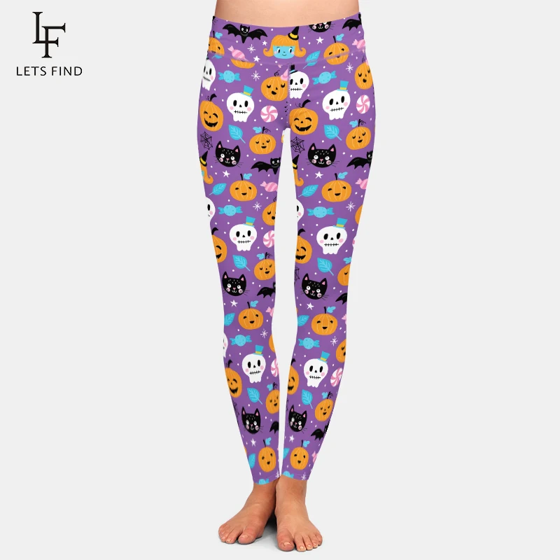 LETSFIND Celana Musim Dingin Wanita Baru Fashion Legging Fitness Pinggang Tinggi Gambar Cetak Mumi Lentera Labu Halloween