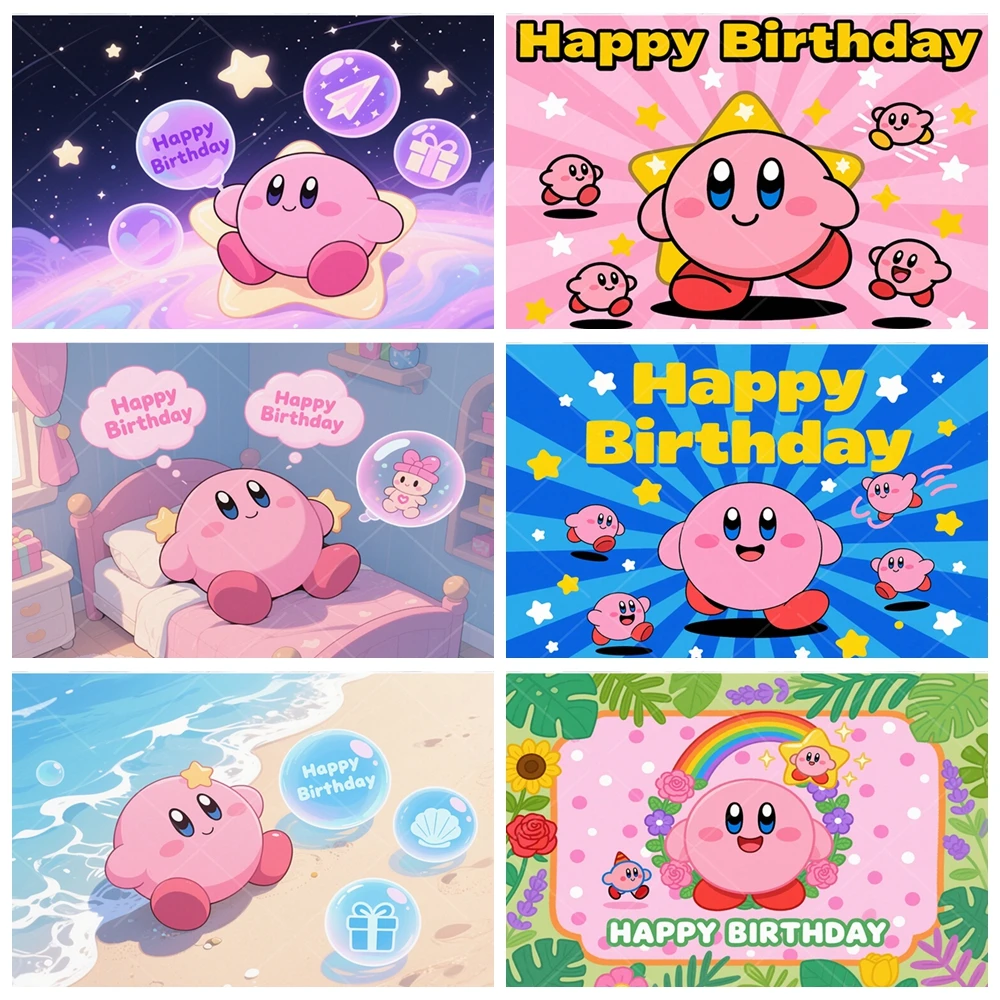 

Cute KIRBYES Game Background Pink Blue Doll Toy Stars Kids Children's Birthday Party Decoration Girls Photography Backdrops