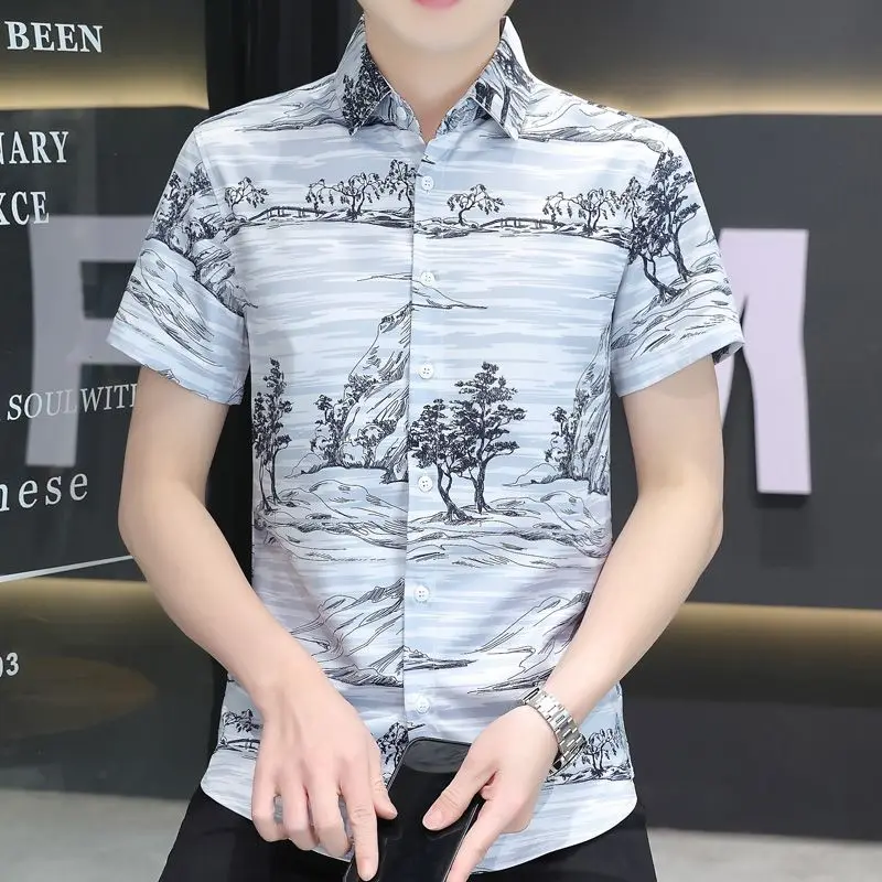 Vintage Printed Lapel Button Loose Short Sleeve Shirts Men's Clothing 2024 Summer New Oversized Casual Tops Korean Shirt