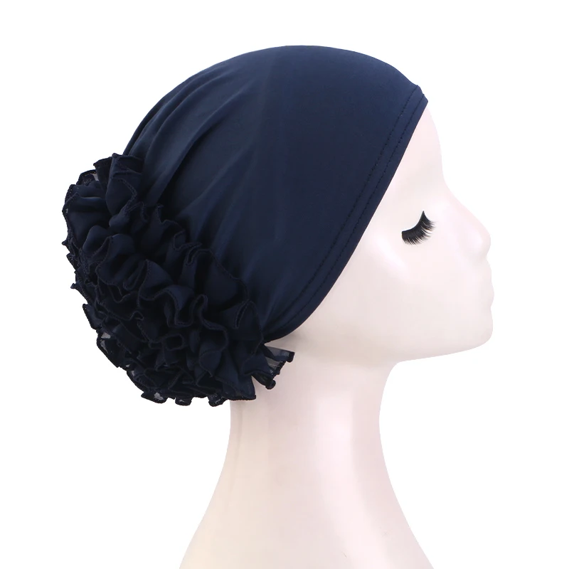 Neuer atmungsaktiver Chiffon-Hut mit großen Blumen, einfarbig, dünne Bodenkappe, islamischer Kopfwickel, elastischer Anti-Haarausfall-Hut für Damen – Detail 5
