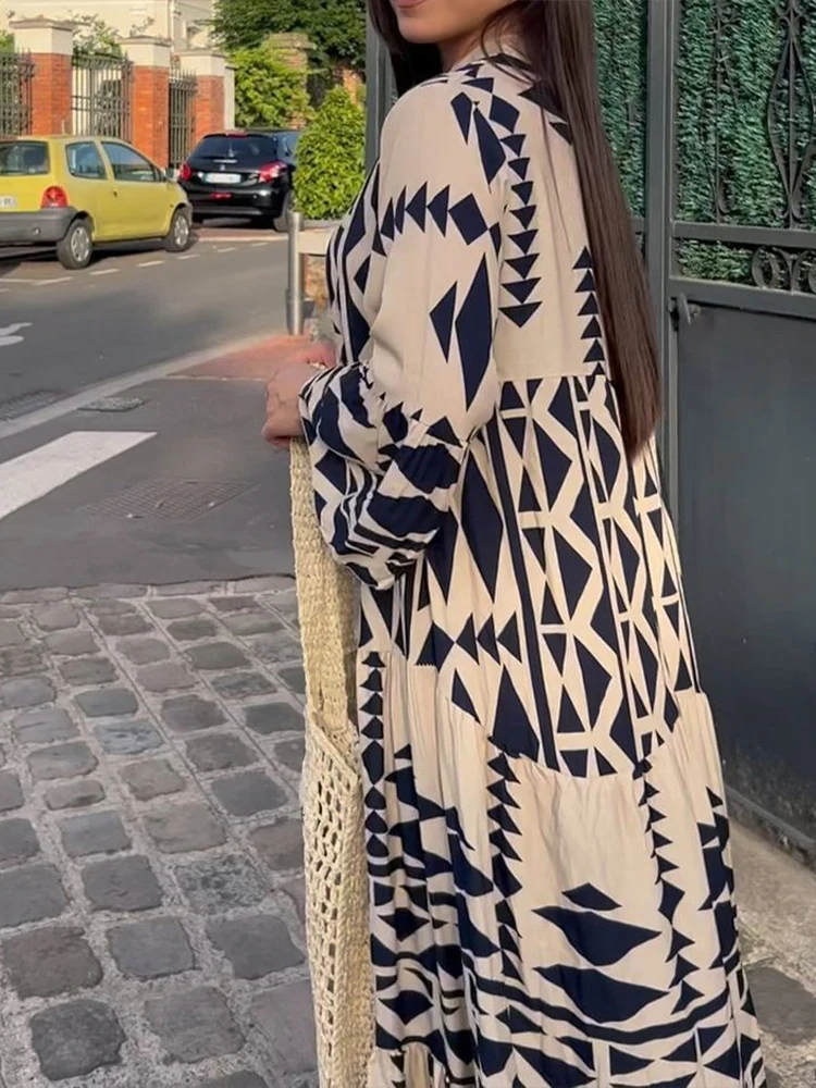 Na co dziń z nadrukiem długie sukienki kobiety wiosna lato z długim rękawem sukienka plisowana moda damska Vintage Boho plaża Maxi sukienki Vestidos