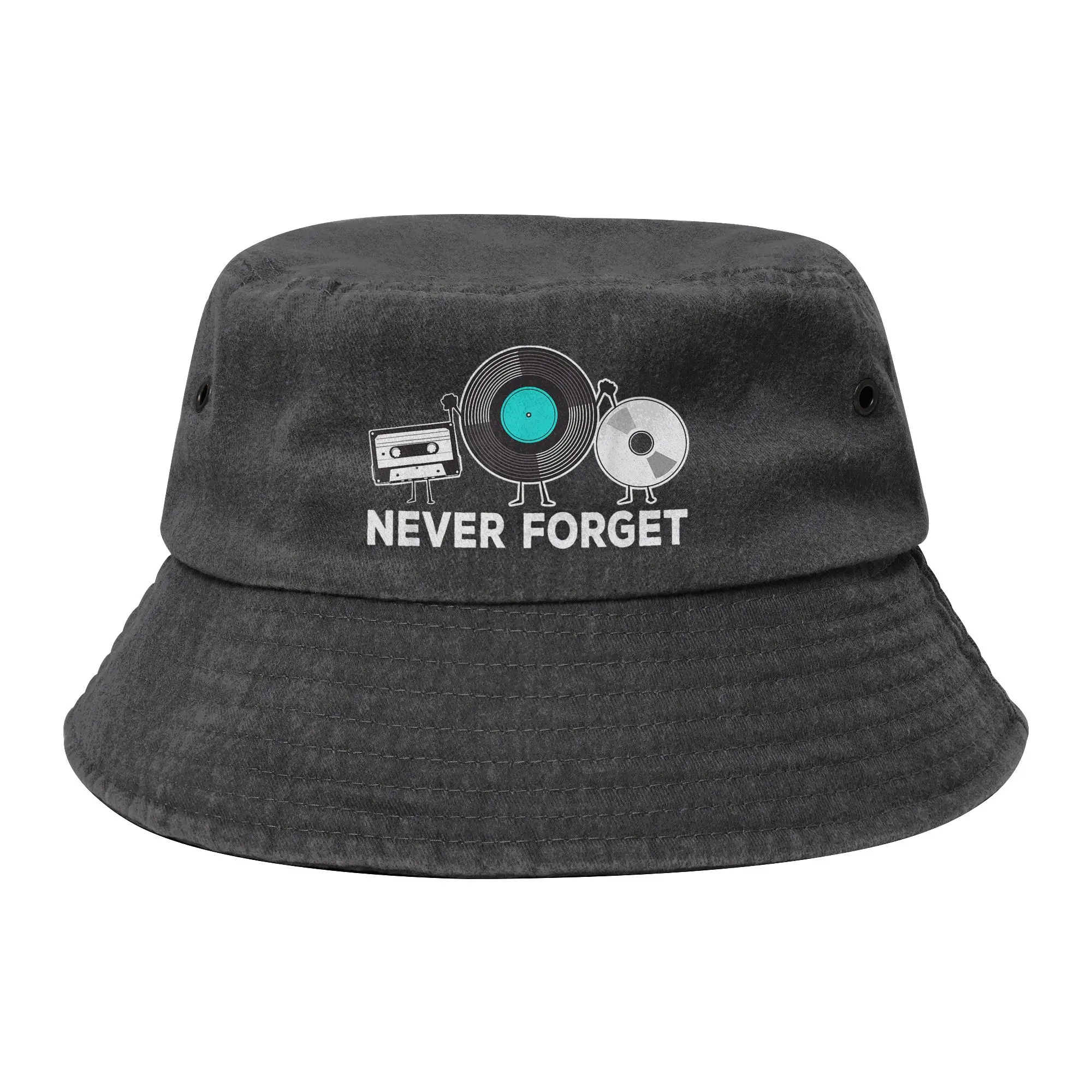 Unisex Distressed Denim Washed Bucket Hat Never Forget Retro Cassette CD 90s 80s Music Spring Outdoor Fishing Hats Ispoti