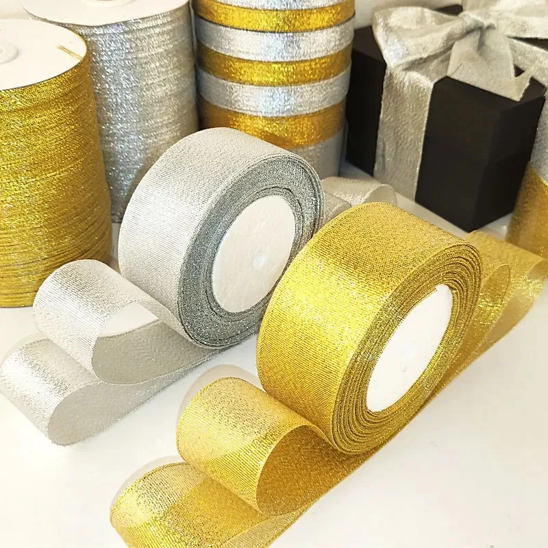 22meters/roll 6/10/15/20/25/40/50mm Gold silver Glitter Ribbon Wedding Cake Gift Decoration Craft Supplies Organza DIY Ribbon