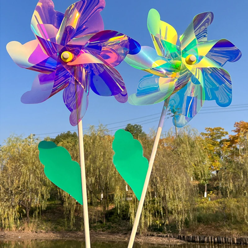 Molinos de viento de palo de madera de mano coloridos, repelente de flores de plantas de jardín, molino de viento, decoración al aire libre, repelente de aves reflectante, 24CM