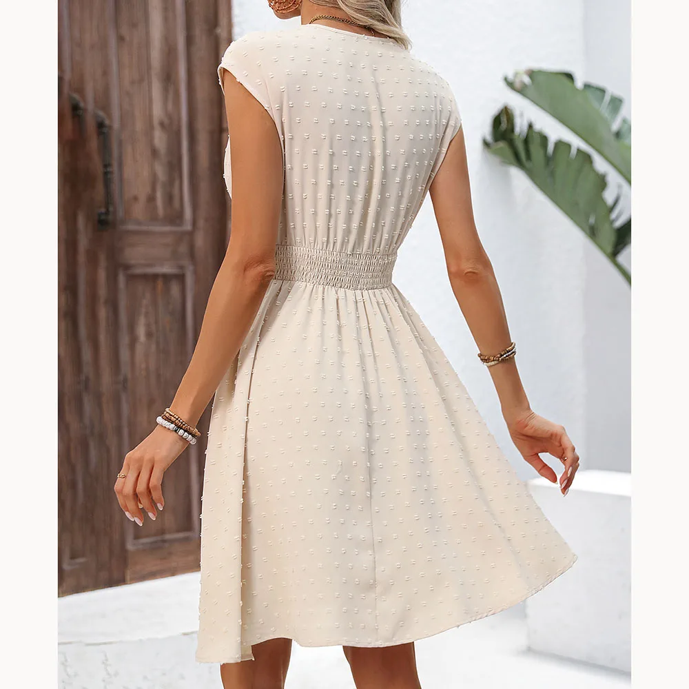 アプリコット女性ドレスエレガントなフレンチリゾートスタイルのレースカットアウトVネックドレス花と小さなカジュアル裾Aラインドレス