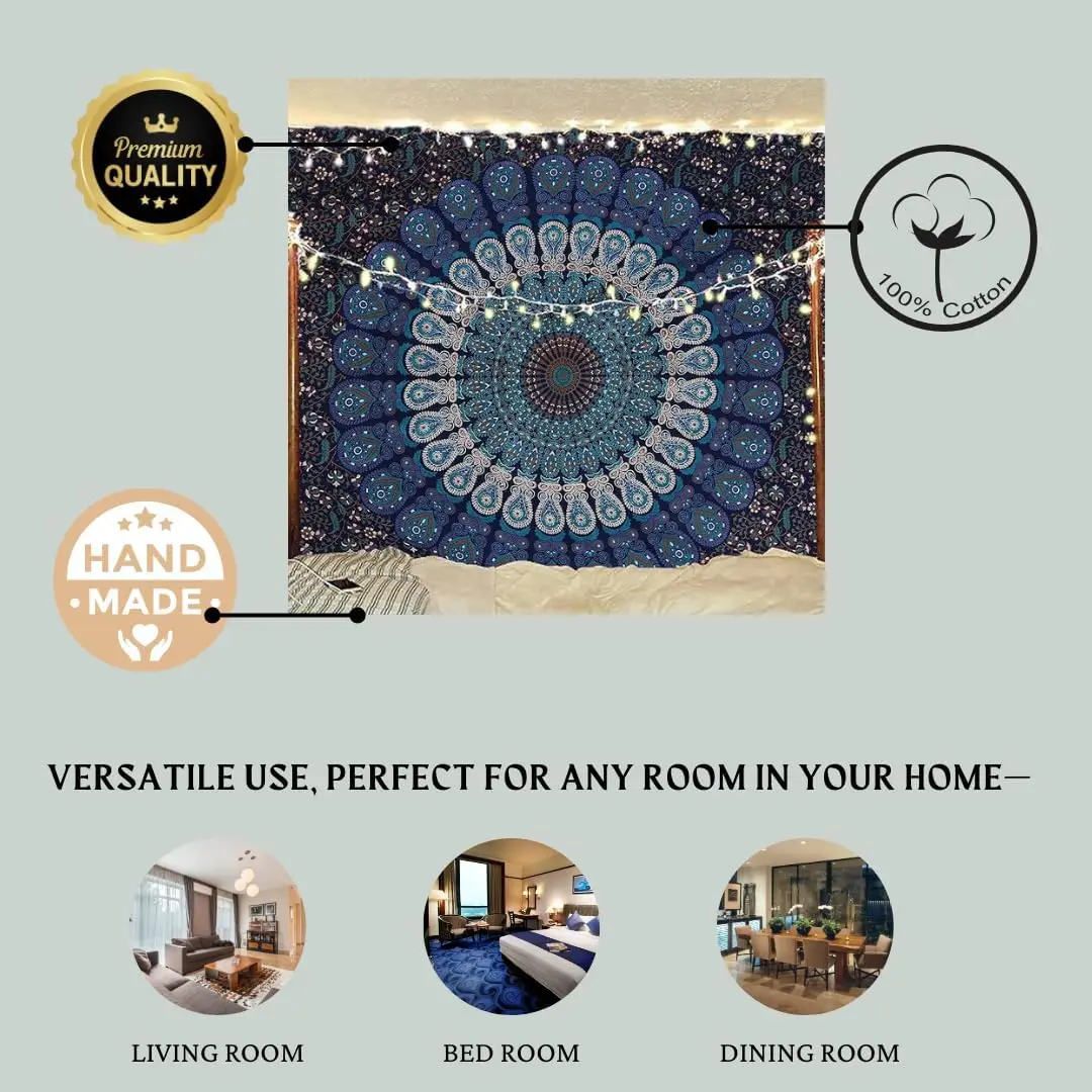 Handmade Hippie Bohemian Tapestry with Peacock Mandala for Wall Hanging, Beach Throws, Table Cloth, Blue Green 54x60 Inches view 6
