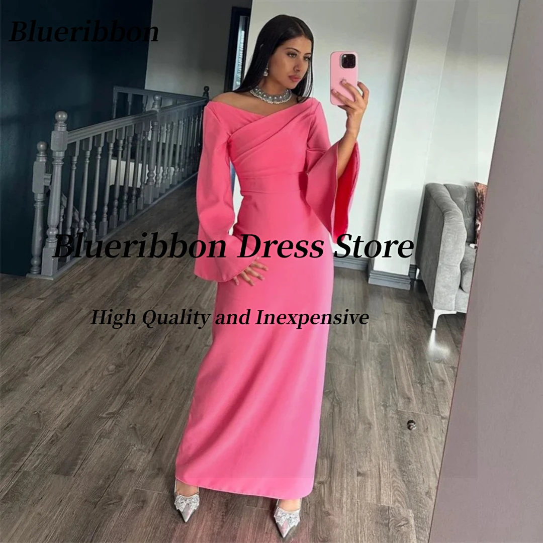 

Blueribbon Elegant Saudi Arabia Women Wear Boat Neck Evening Dresses Long Sleeves Back Slit Vestidos Party Prom Gowns