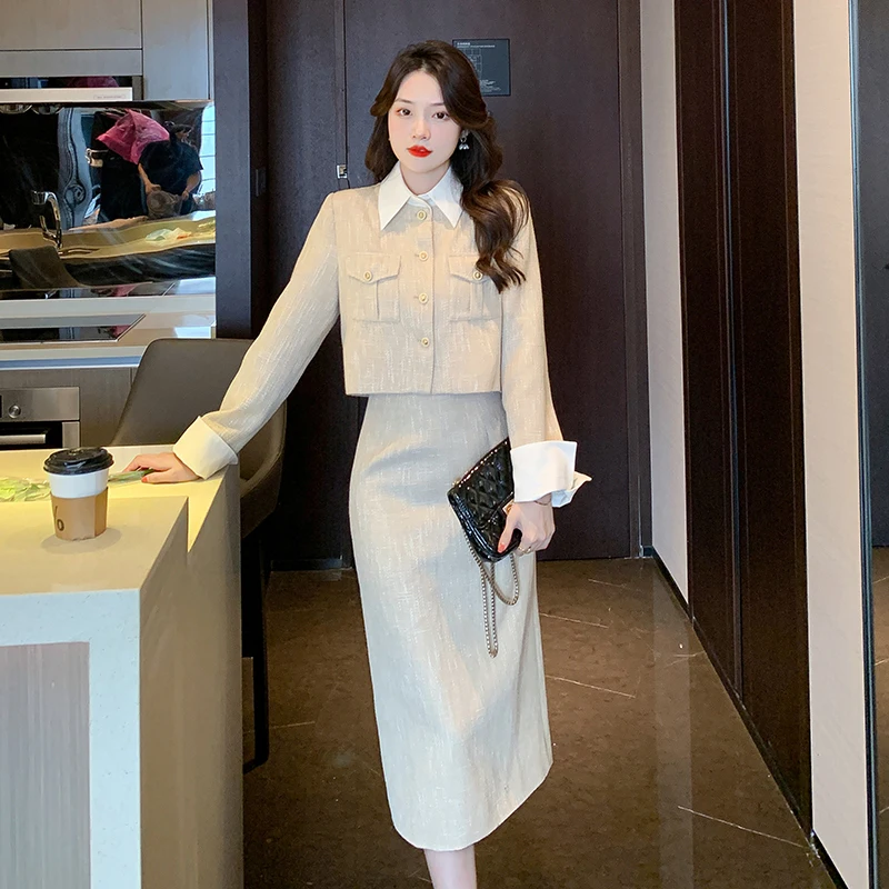 Women Small Fragrant Tweed Two Piece Set New Fall Winter Elegant Lapel Patchwork Short Coat + Hight Waist Mid Bodycon Skirt Suit