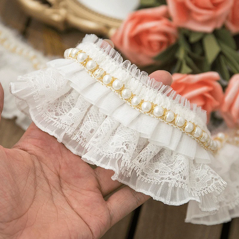 6.5CM wide white pearl lace lace Lolita pleated handmade DIY wedding dress skirt collar cuff material