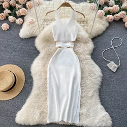 YuooMuoo Sexy Backless Long Dress Fashion Women Waist Cut Out Split Bodycon Dress Knit Lady  Party Club Long Dresses Vestidos